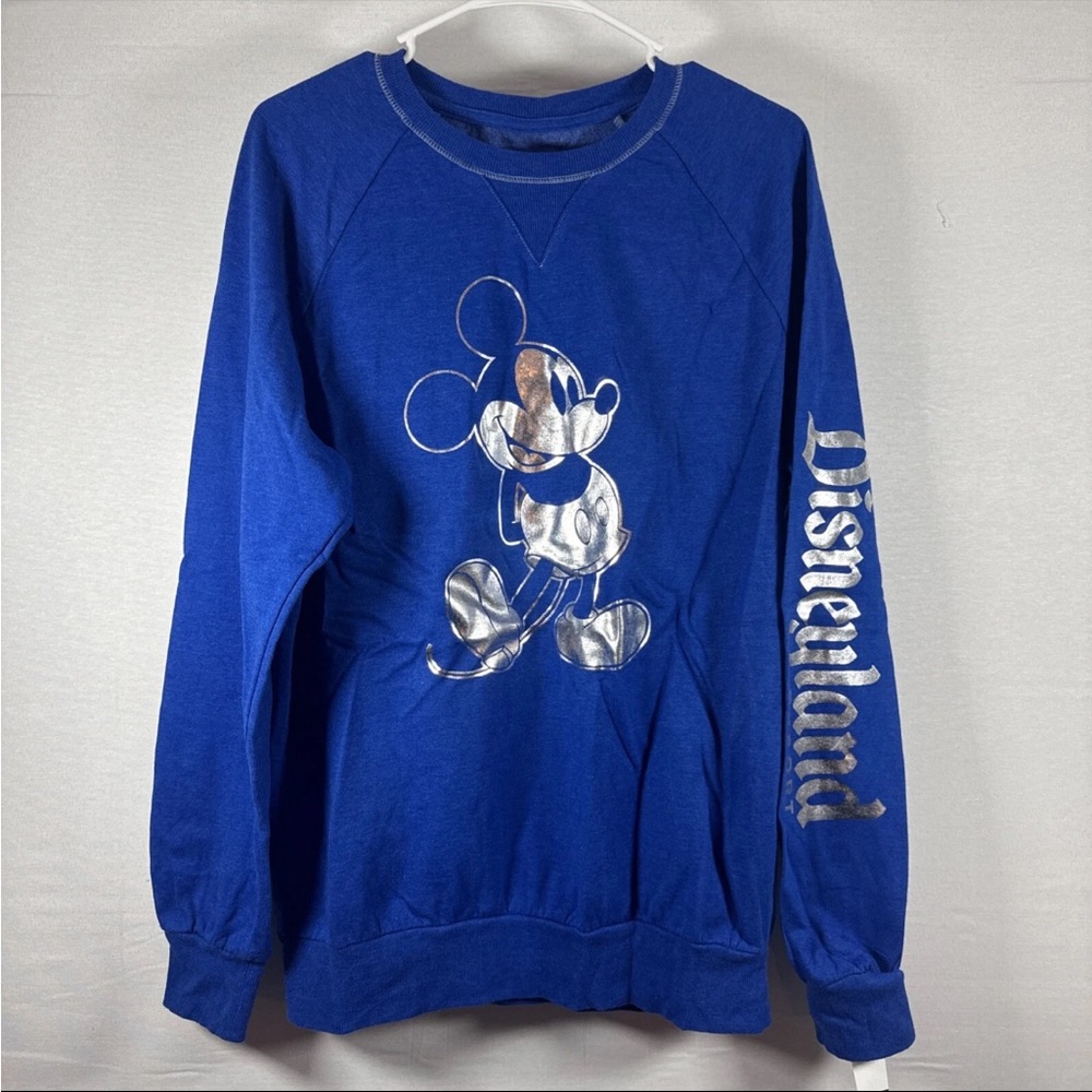 Disneyland Adult Mickey Mouse Silver Foil Pullover Sweatshirt Blue NWT